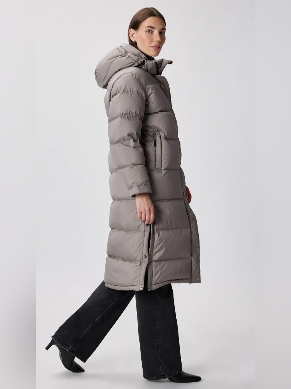 * Quince Responsible Down Long Hooded Puffer Coat Jacket SZ Small Gray *